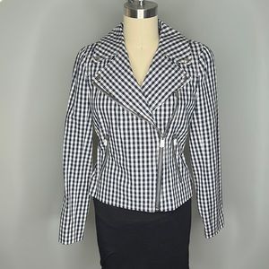 NWT J Crew Gingham Moto Jacket - size 2 navy and white